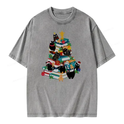 Pagewings Cute Cats Books Christmas Tree Unisex Washed T-shirt