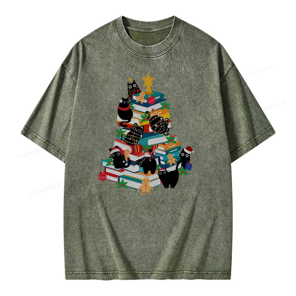 Pagewings Cute Cats Books Christmas Tree Unisex Washed T-shirt