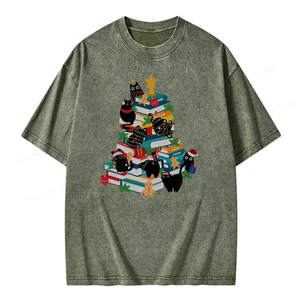 Pagewings Cute Cats Books Christmas Tree Unisex Washed T-shirt