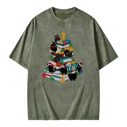 Pagewings Cute Cats Books Christmas Tree Unisex Washed T-shirt