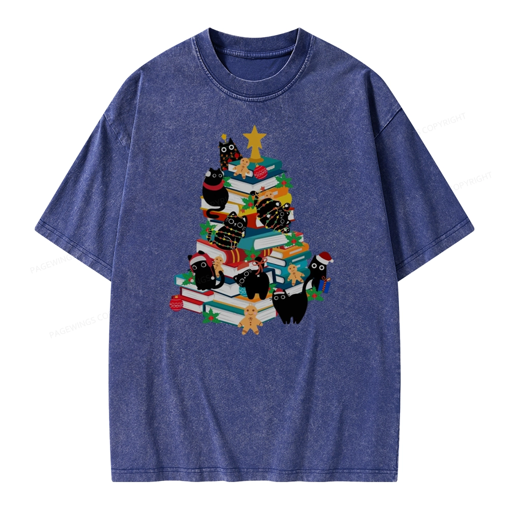Pagewings Cute Cats Books Christmas Tree Unisex Washed T-shirt