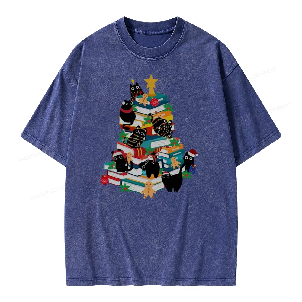 Pagewings Cute Cats Books Christmas Tree Unisex Washed T-shirt