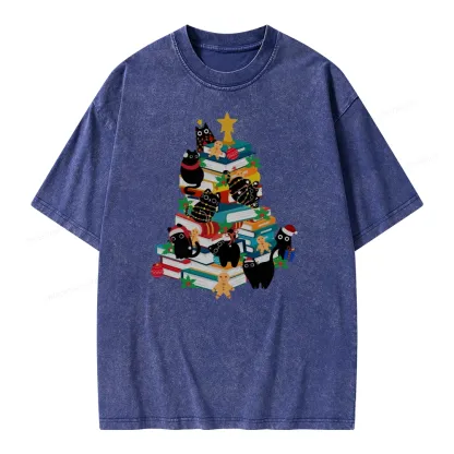 Pagewings Cute Cats Books Christmas Tree Unisex Washed T-shirt