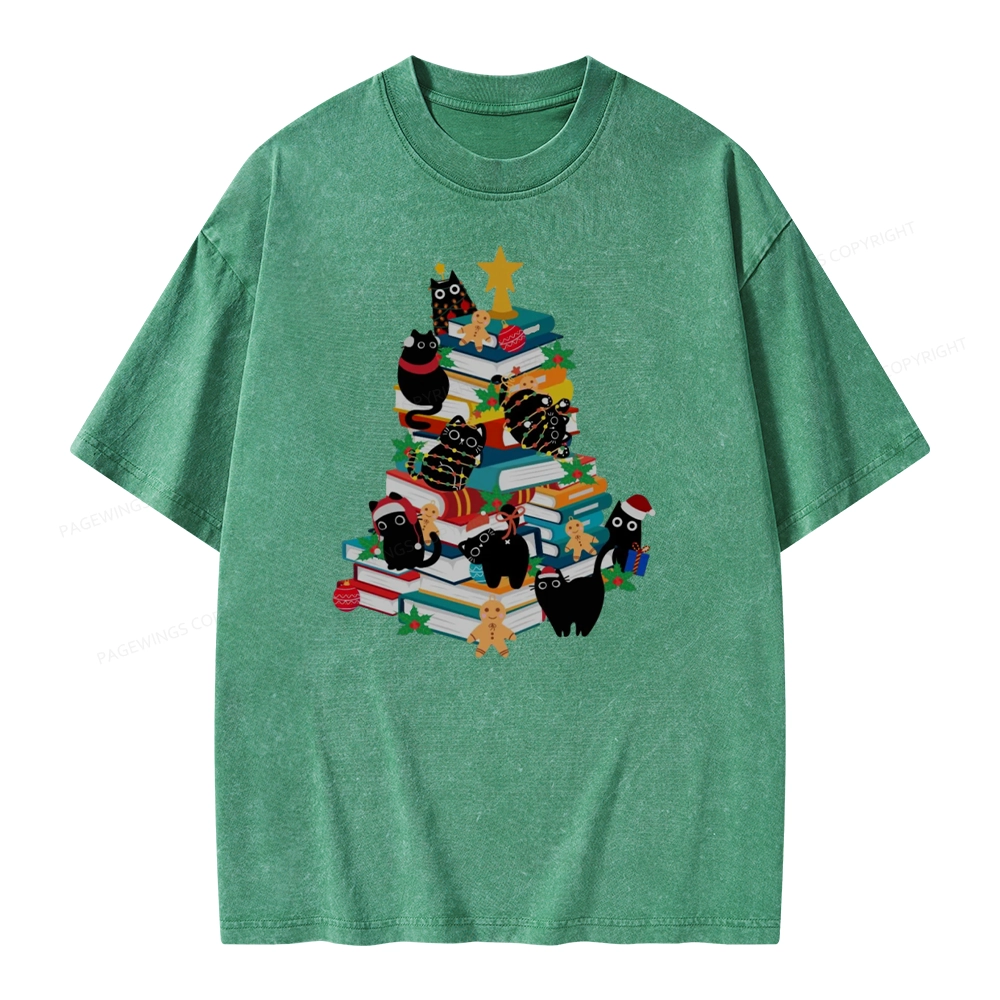 Pagewings Cute Cats Books Christmas Tree Unisex Washed T-shirt