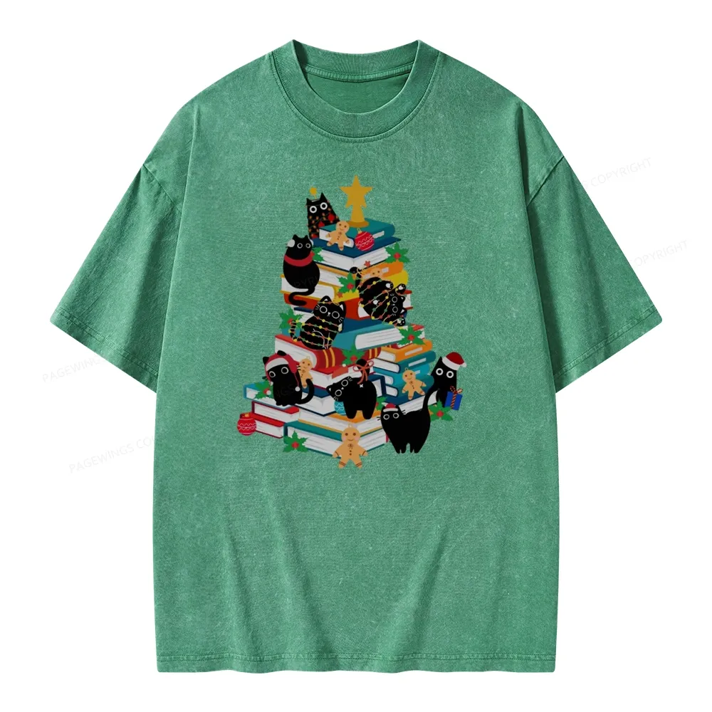 Pagewings Cute Cats Books Christmas Tree Unisex Washed T-shirt
