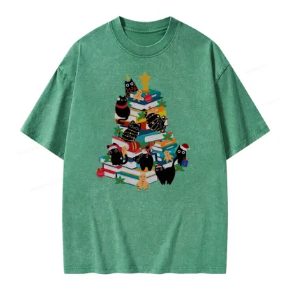 Pagewings Cute Cats Books Christmas Tree Unisex Washed T-shirt