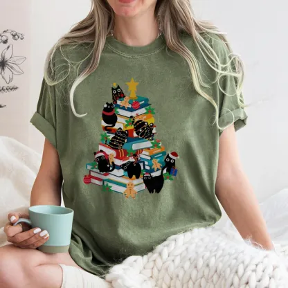 Pagewings Cute Cats Books Christmas Tree Unisex Washed T-shirt