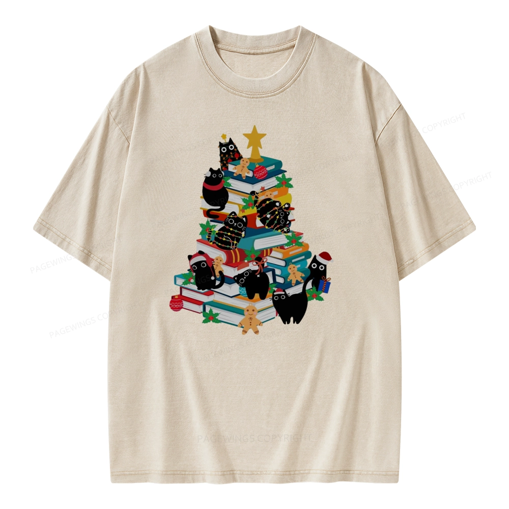 Pagewings Cute Cats Books Christmas Tree Unisex Washed T-shirt