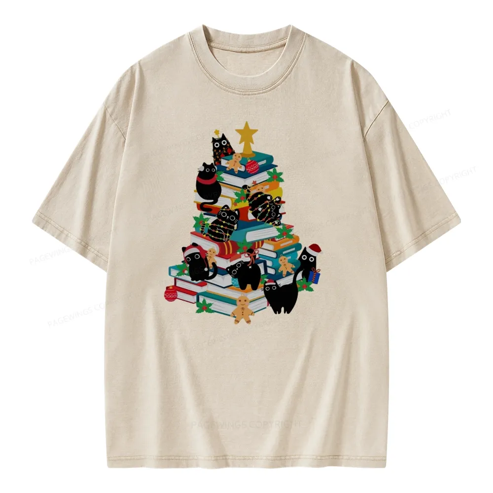 Pagewings Cute Cats Books Christmas Tree Unisex Washed T-shirt