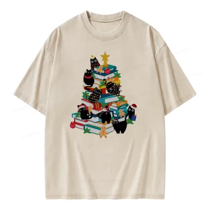 Pagewings Cute Cats Books Christmas Tree Unisex Washed T-shirt
