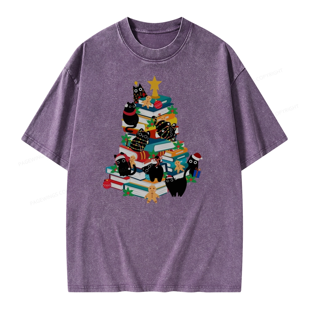 Pagewings Cute Cats Books Christmas Tree Unisex Washed T-shirt