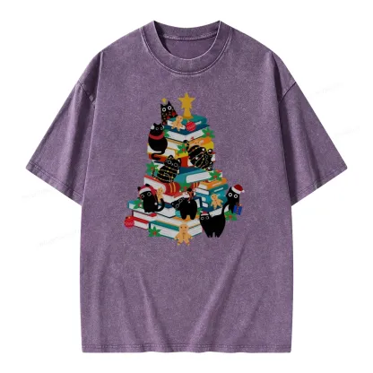 Pagewings Cute Cats Books Christmas Tree Unisex Washed T-shirt
