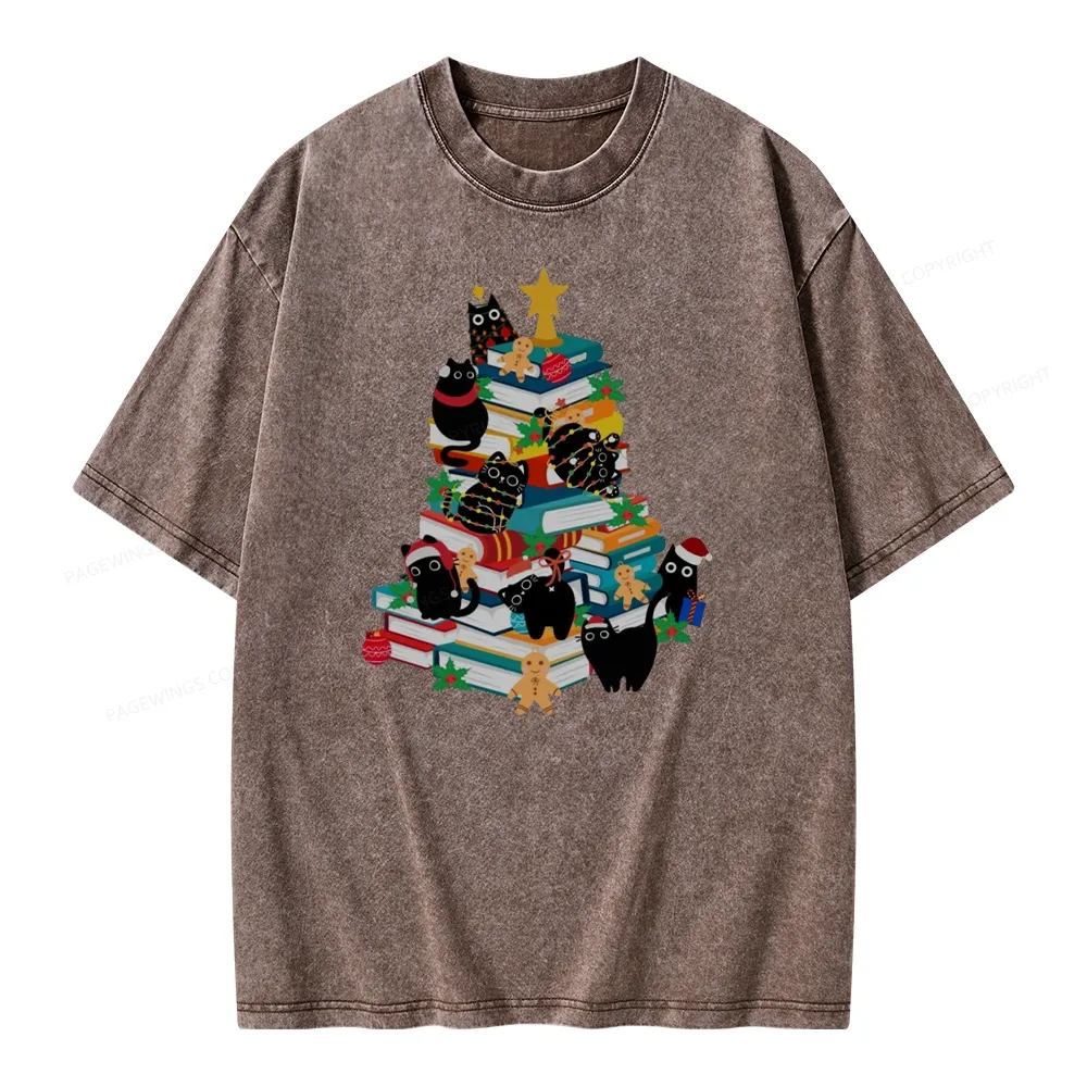 Pagewings Cute Cats Books Christmas Tree Unisex Washed T-shirt