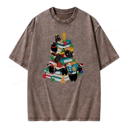 Pagewings Cute Cats Books Christmas Tree Unisex Washed T-shirt