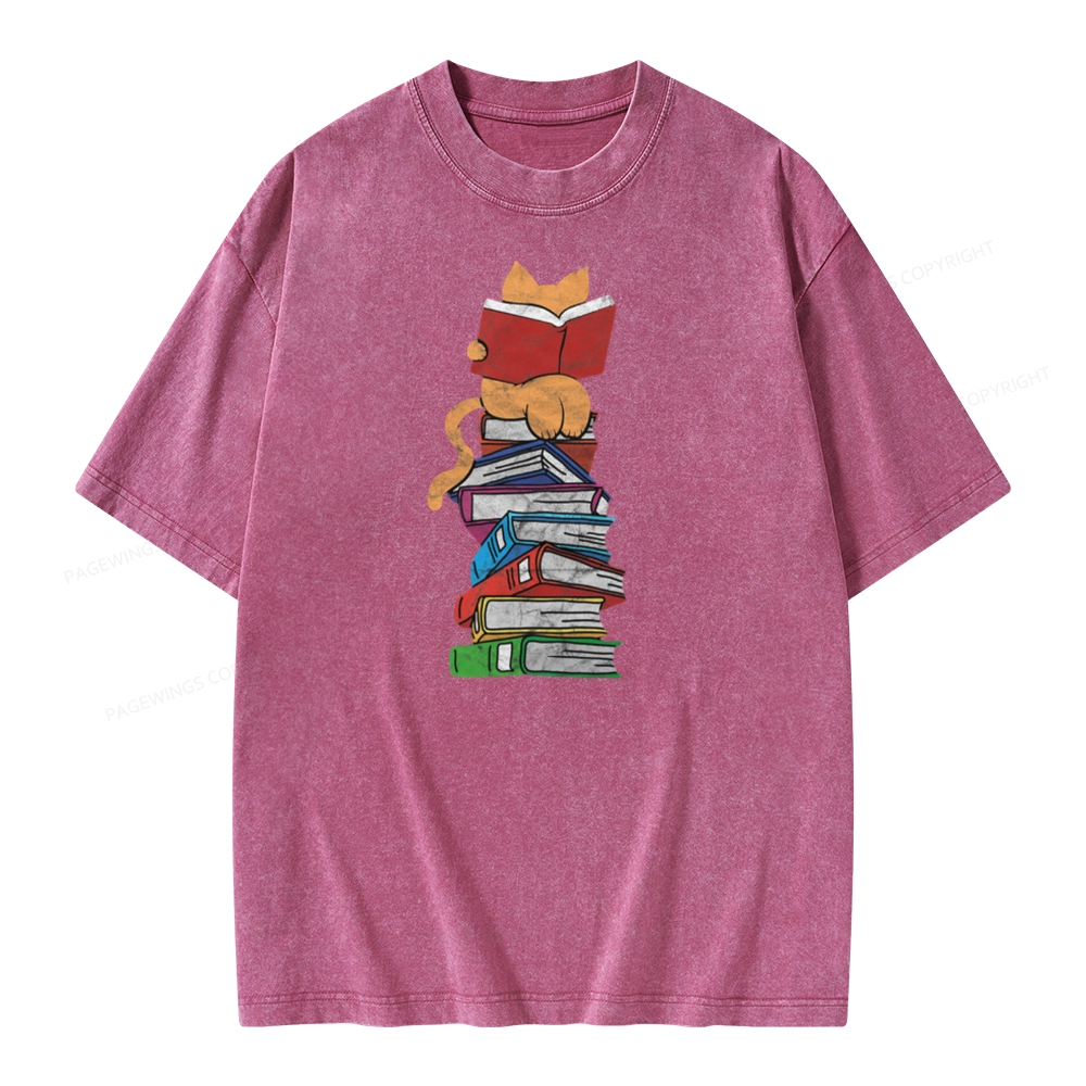 Pagewings Funny Kitten Pet Bookworm Reader Unisex Washed T-shirt