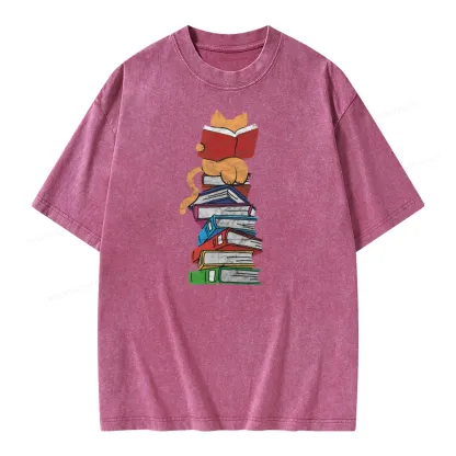 Pagewings Funny Kitten Pet Bookworm Reader Unisex Washed T-shirt