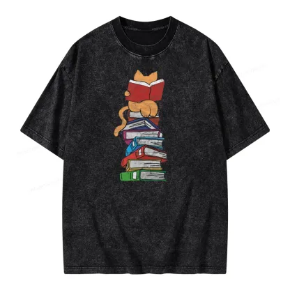 Pagewings Funny Kitten Pet Bookworm Reader Unisex Washed T-shirt