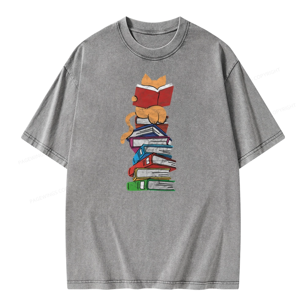 Pagewings Funny Kitten Pet Bookworm Reader Unisex Washed T-shirt