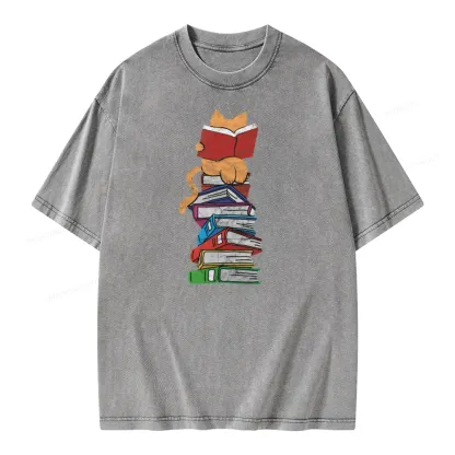Pagewings Funny Kitten Pet Bookworm Reader Unisex Washed T-shirt
