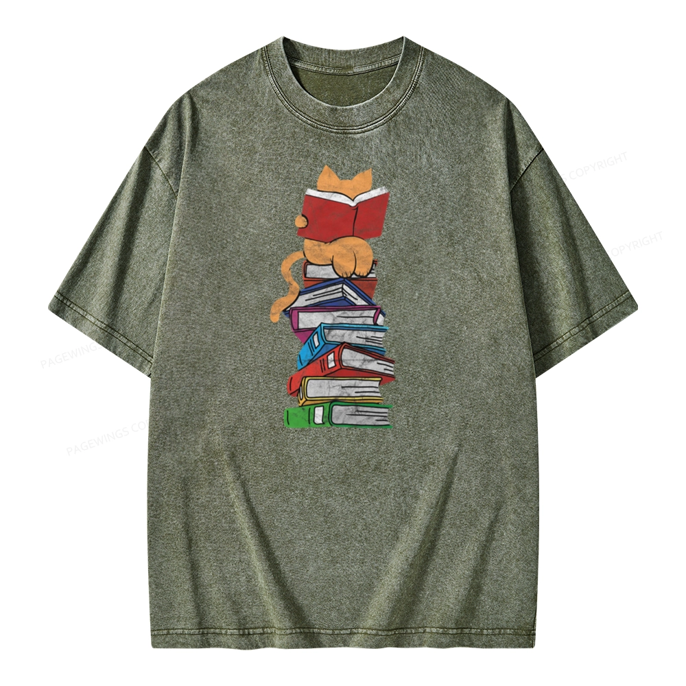 Pagewings Funny Kitten Pet Bookworm Reader Unisex Washed T-shirt