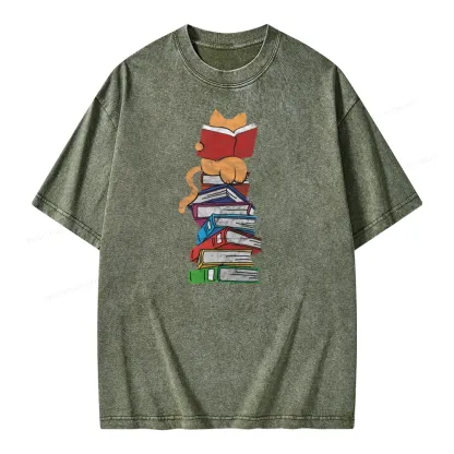 Pagewings Funny Kitten Pet Bookworm Reader Unisex Washed T-shirt