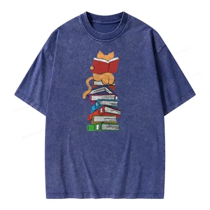 Pagewings Funny Kitten Pet Bookworm Reader Unisex Washed T-shirt