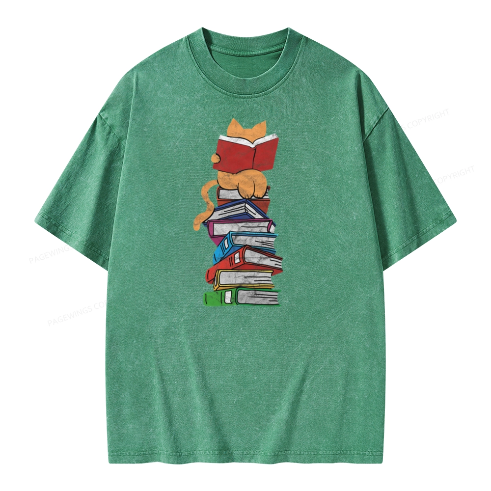 Pagewings Funny Kitten Pet Bookworm Reader Unisex Washed T-shirt