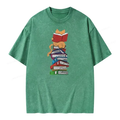 Pagewings Funny Kitten Pet Bookworm Reader Unisex Washed T-shirt
