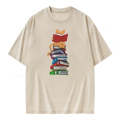Pagewings Funny Kitten Pet Bookworm Reader Unisex Washed T-shirt