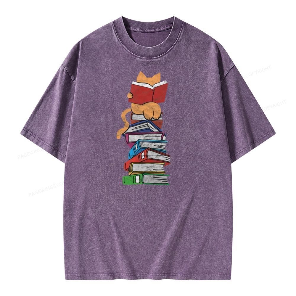 Pagewings Funny Kitten Pet Bookworm Reader Unisex Washed T-shirt