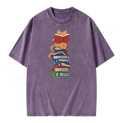 Pagewings Funny Kitten Pet Bookworm Reader Unisex Washed T-shirt