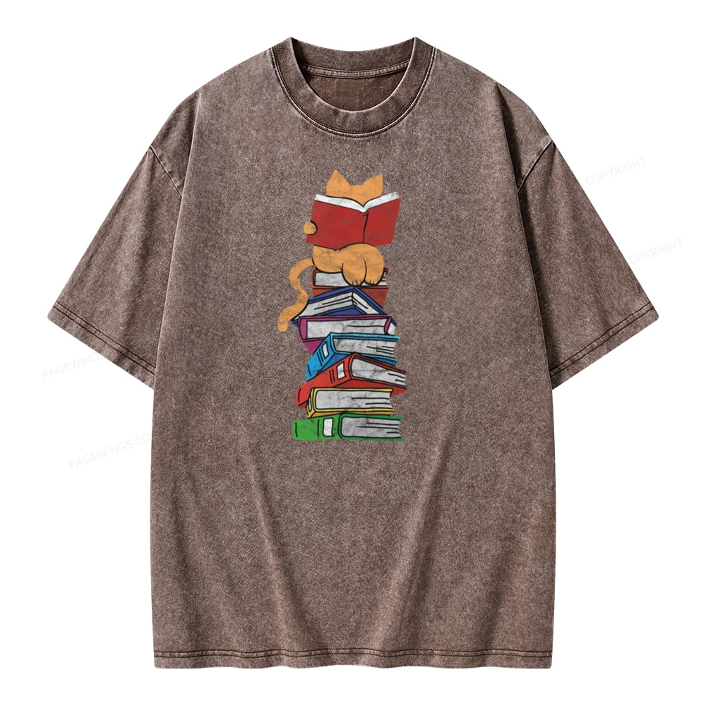 Pagewings Funny Kitten Pet Bookworm Reader Unisex Washed T-shirt