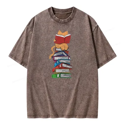 Pagewings Funny Kitten Pet Bookworm Reader Unisex Washed T-shirt