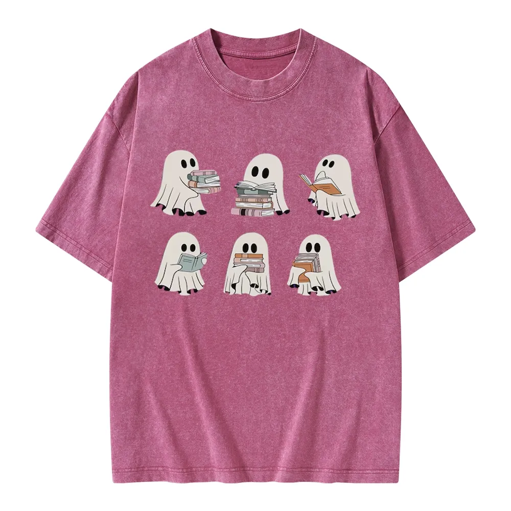 Pagewings Ghost Reading Halloween Unisex Washed T-shirt