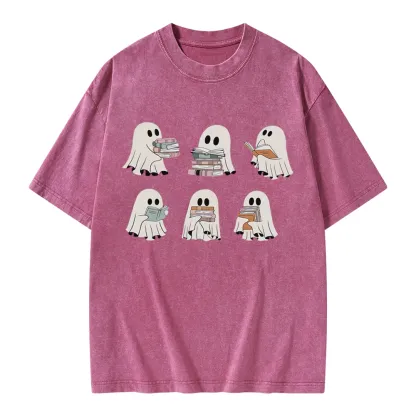 Pagewings Ghost Reading Halloween Unisex Washed T-shirt