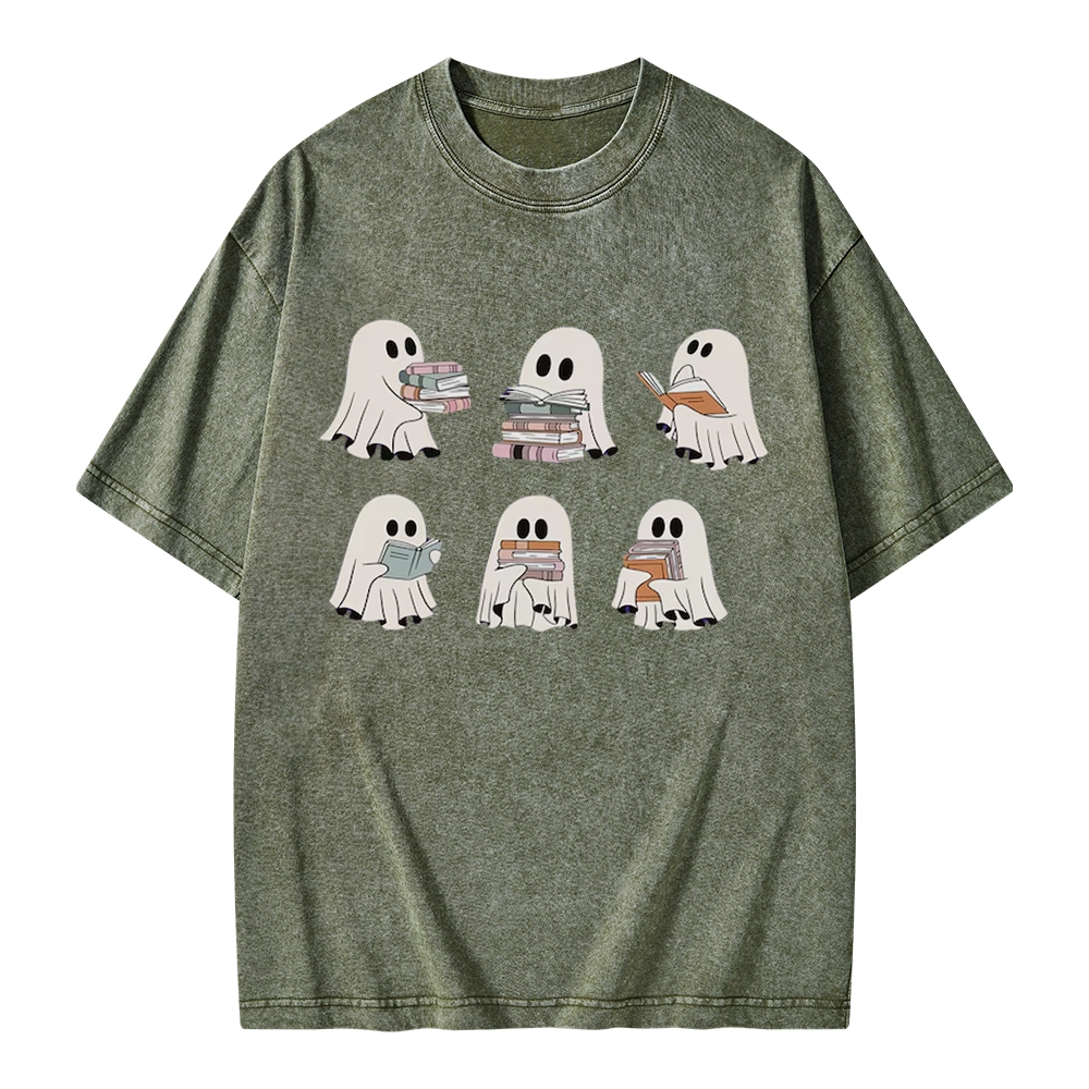Pagewings Ghost Reading Halloween Unisex Washed T-shirt