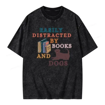 Pagewings Easily Distracted By Books And Labrador Unisex Washed T-shirt