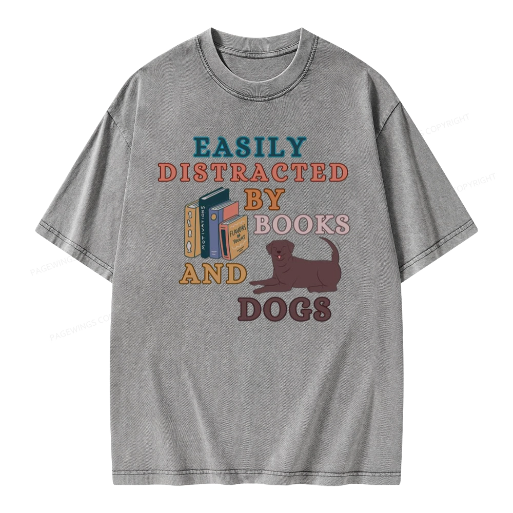 Pagewings Easily Distracted By Books And Labrador Unisex Washed T-shirt