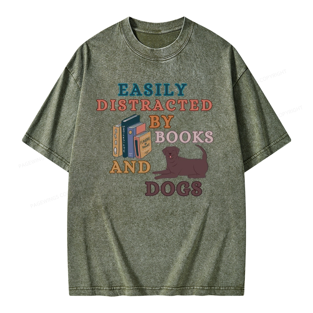 Pagewings Easily Distracted By Books And Labrador Unisex Washed T-shirt