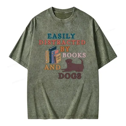 Pagewings Easily Distracted By Books And Labrador Unisex Washed T-shirt