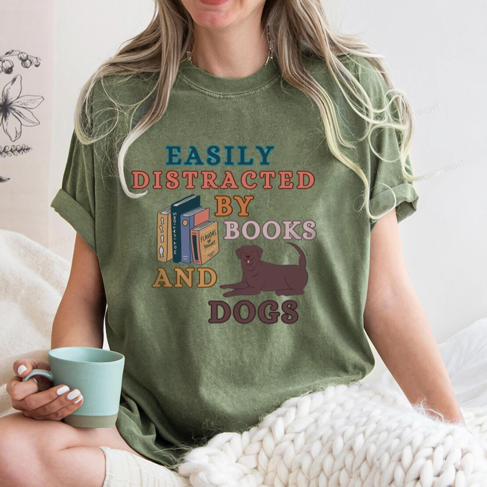 Pagewings Easily Distracted By Books And Labrador Unisex Washed T-shirt