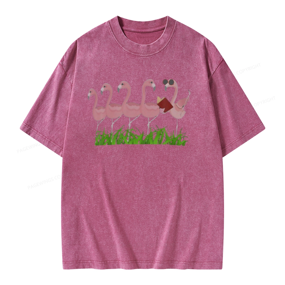 Pagewings Funny Flamingo Reading Book Unisex Washed T-shirt