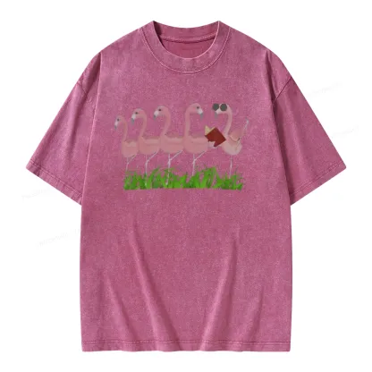 Pagewings Funny Flamingo Reading Book Unisex Washed T-shirt