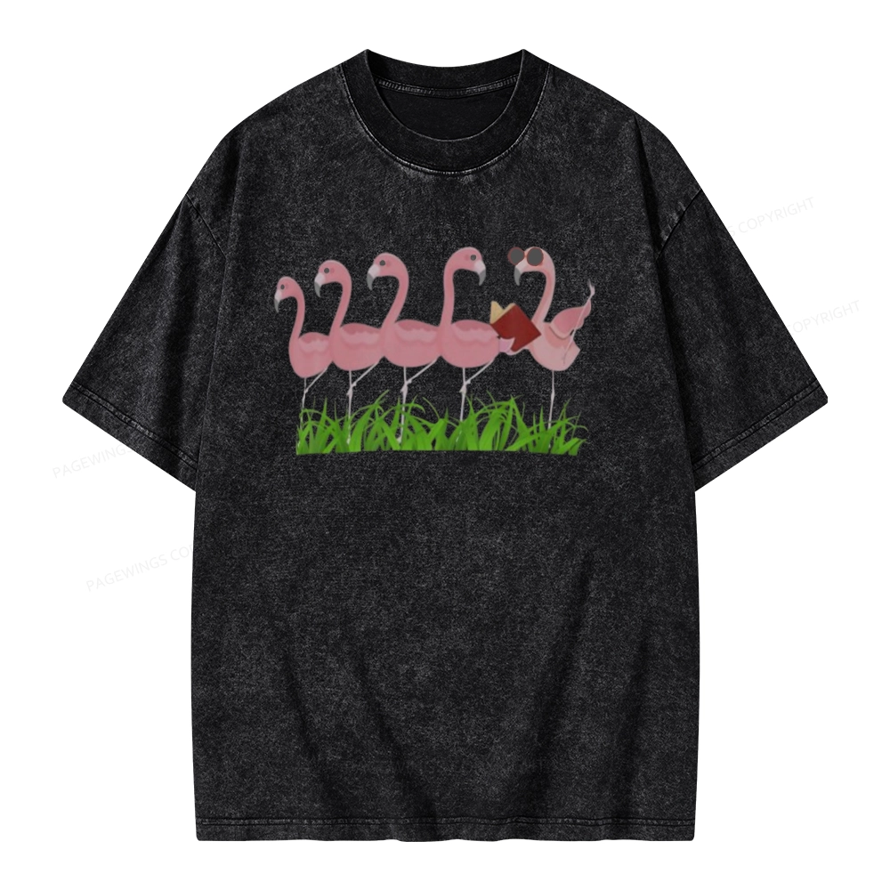 Pagewings Funny Flamingo Reading Book Unisex Washed T-shirt
