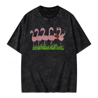Pagewings Funny Flamingo Reading Book Unisex Washed T-shirt