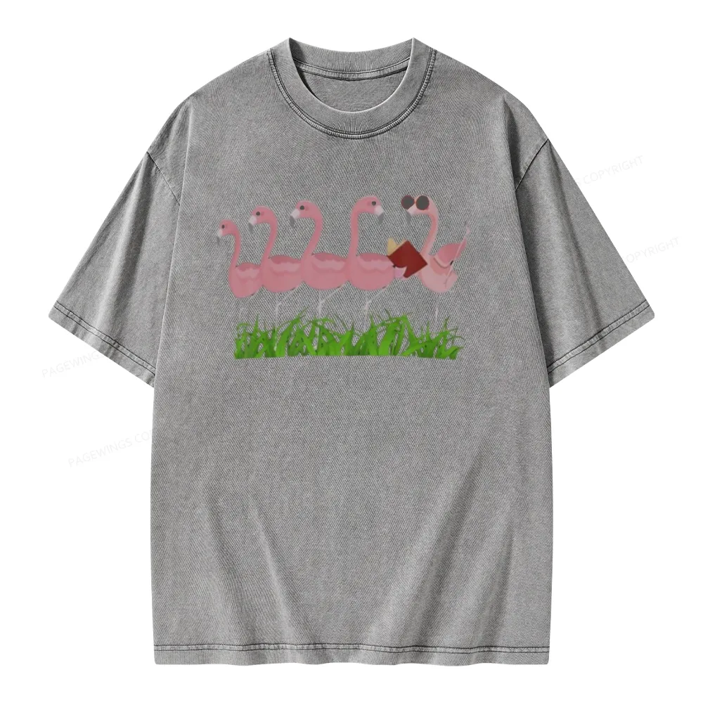 Pagewings Funny Flamingo Reading Book Unisex Washed T-shirt