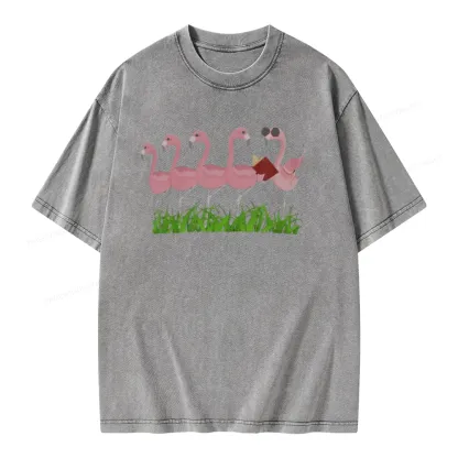 Pagewings Funny Flamingo Reading Book Unisex Washed T-shirt