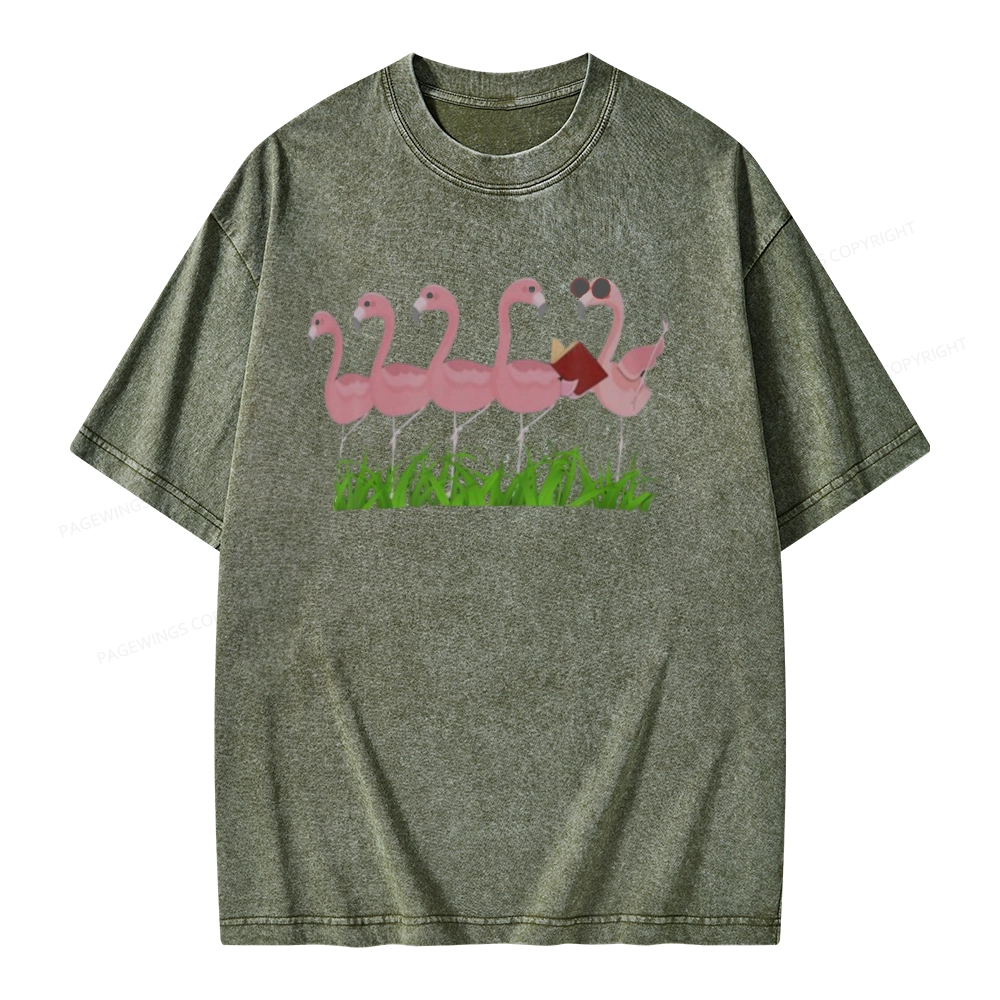 Pagewings Funny Flamingo Reading Book Unisex Washed T-shirt