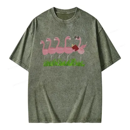 Pagewings Funny Flamingo Reading Book Unisex Washed T-shirt