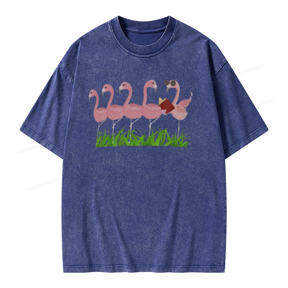 Pagewings Funny Flamingo Reading Book Unisex Washed T-shirt